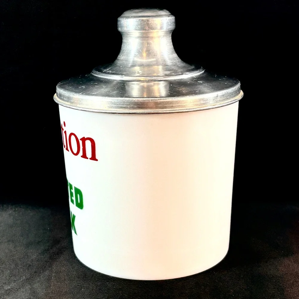 Vintage Carnation Malted Milk Glass Canister with Aluminum Lid White Retro Decor